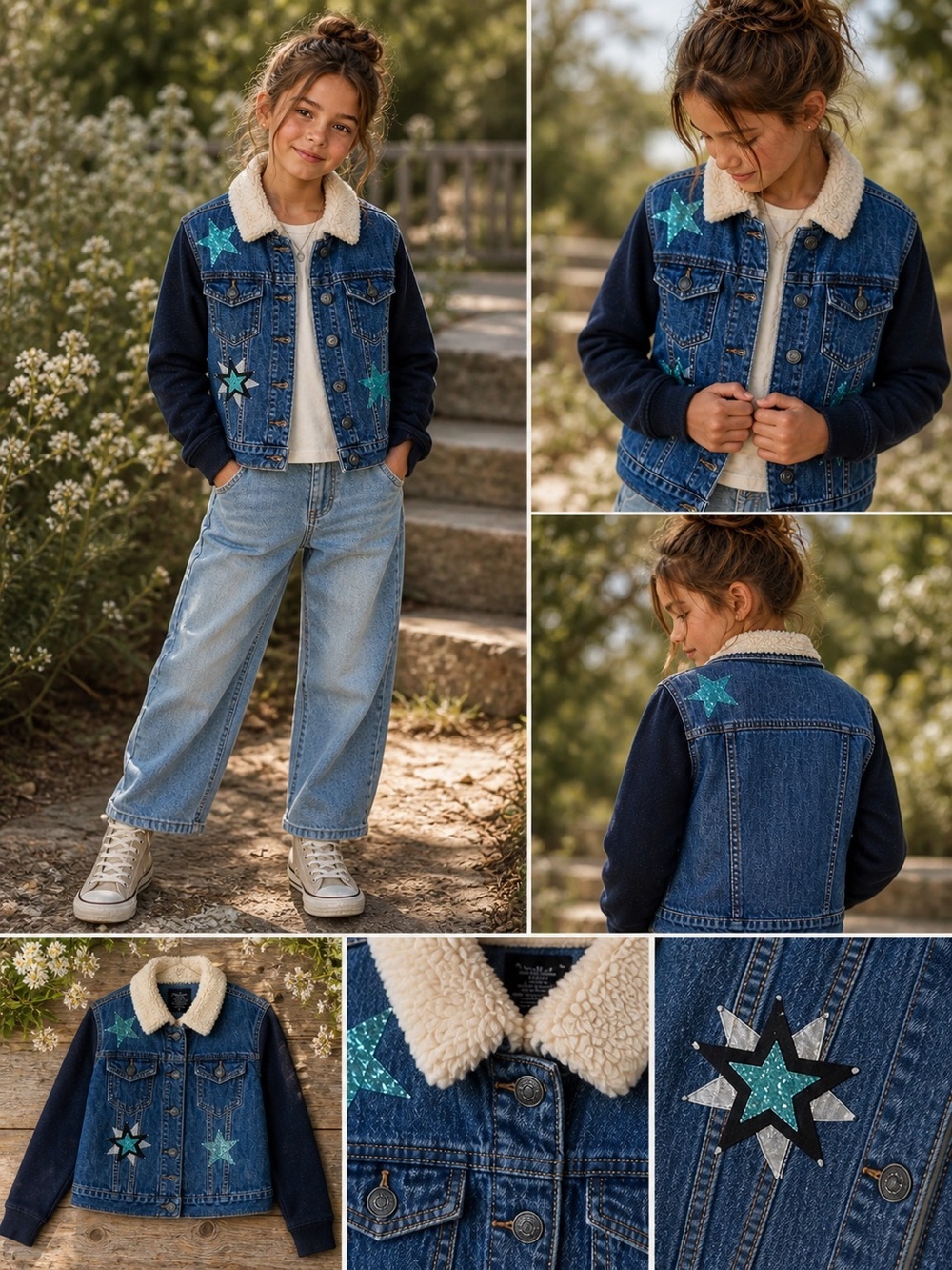 Vigoss Girls Sherpa Denim Jacket Star Patch Size 10 Cozy Fall